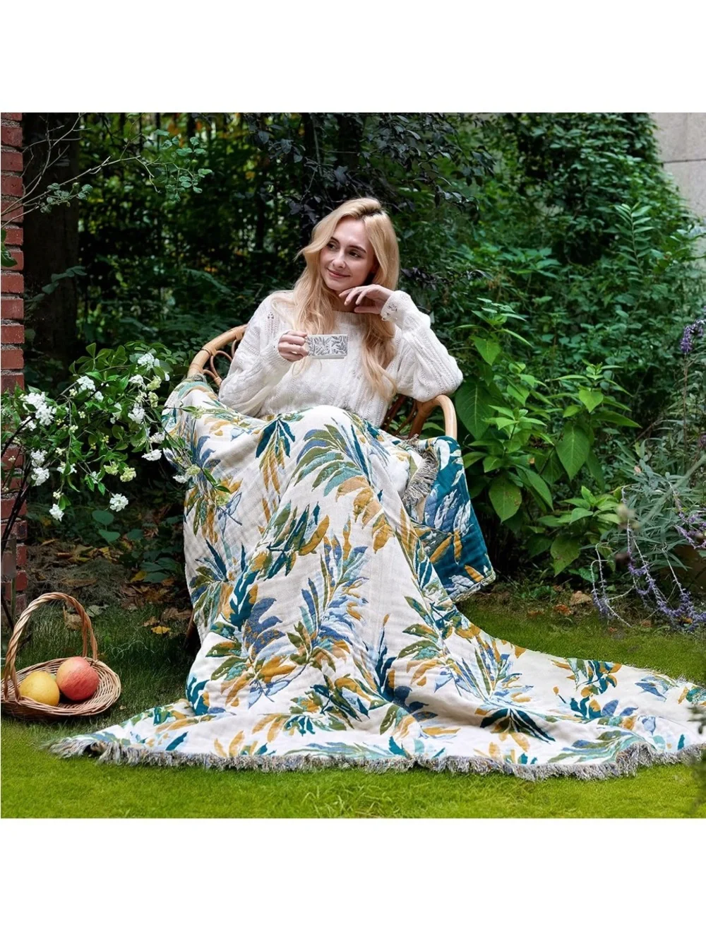 Tropical Palm Jacquard Throw Blanket in Cream, Teal & Olive
